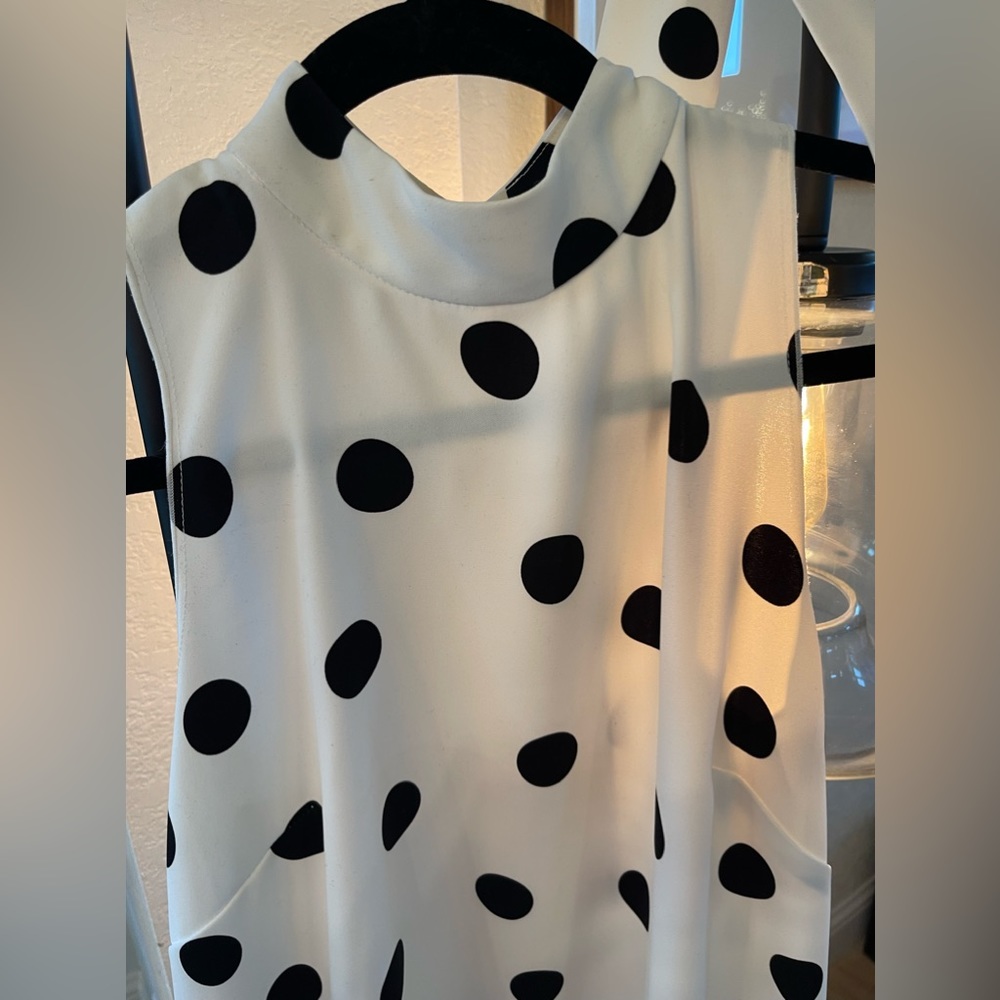 Flowy white and black polka dot dress with matching fabric belt. Knee length.